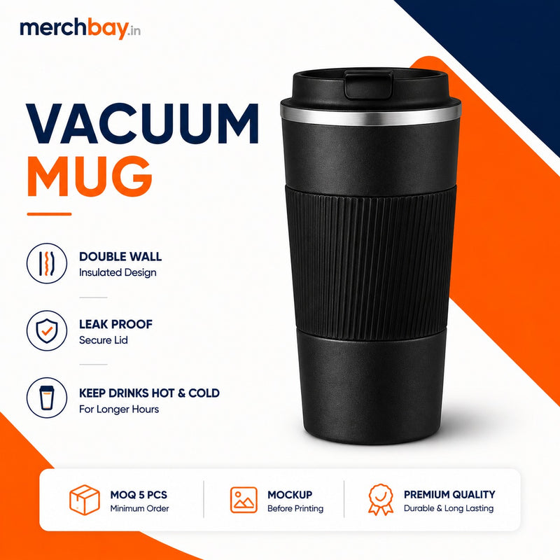 Black vacuum mug with custom company logo